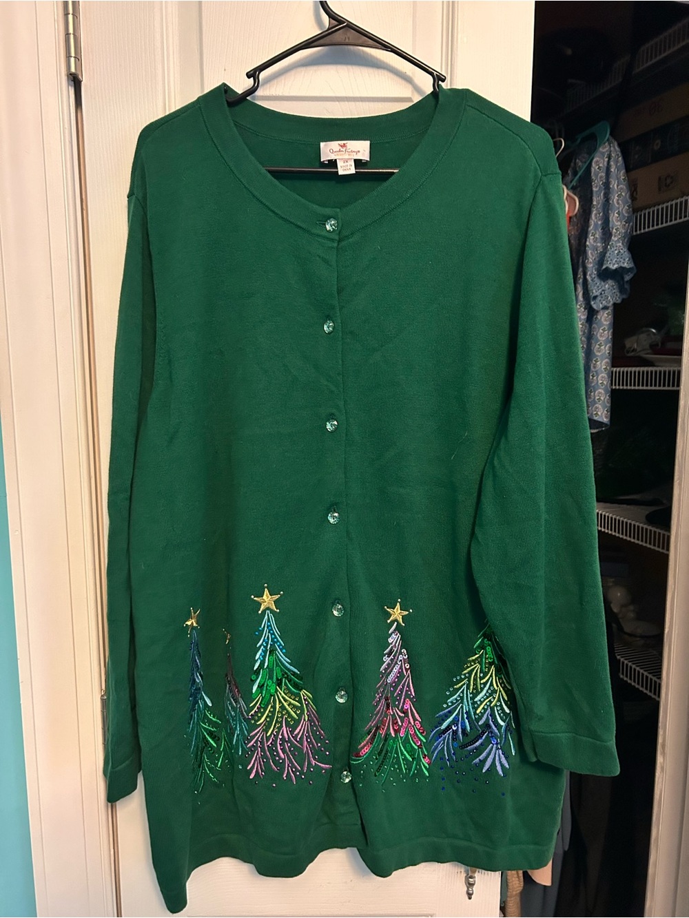 Quacker Factory Green Button-Up Cardigan with Colorful Embroidered Trees